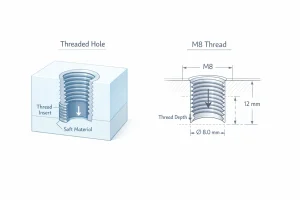 Threaded hole in soft material with thread insert on the left and an M8 internal thread with depth and diameter dimensions on the right.
