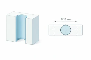 Simple 10 mm through hole shown as a 3D cutaway block and a top view with diameter dimension.
