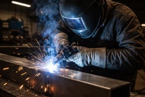 Welder in full protective gear performing arc welding on a structural steel beam with bright arc light and flying sparks
