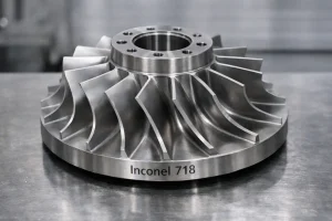 Machined impeller wheel with curved blades, commonly produced in Inconel 718 for high-temperature applications