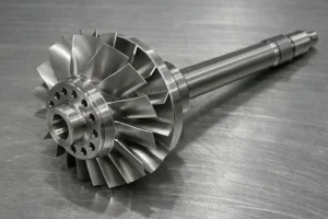 Machined nickel alloy turbine wheel and shaft assembly with precision blades and turned shaft