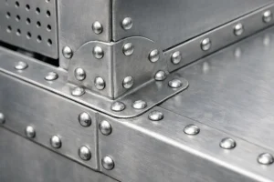 Close-up of a riveted sheet metal corner joint showing overlapping plates and dome head rivets