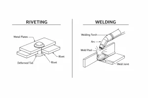 Line drawing comparison of riveting and welding principles, showing a riveted lap joint on the left and a fillet weld with welding torch on the right