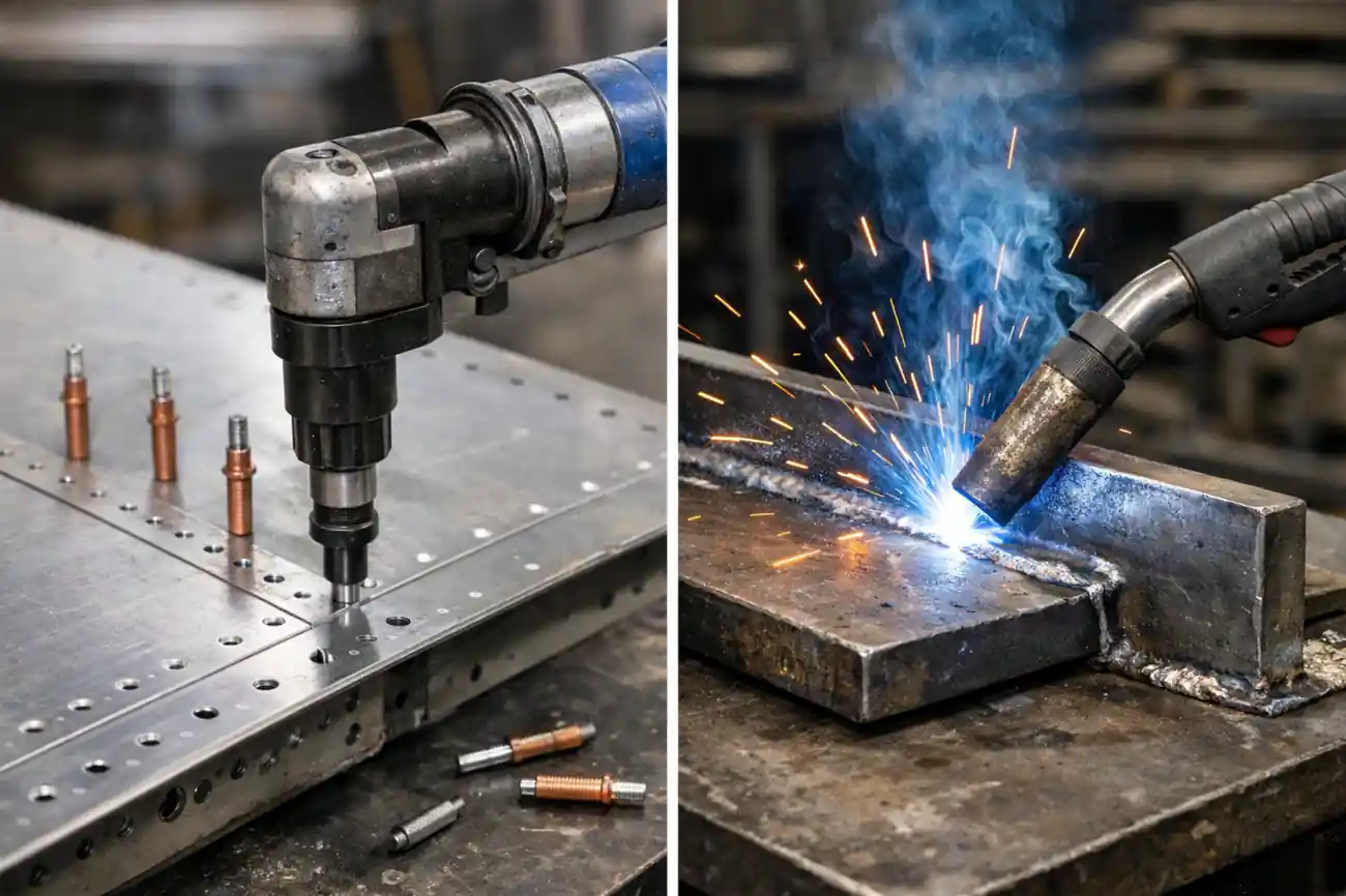 Side-by-side view of riveting and welding processes on steel plates in a factory workshop