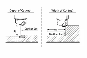 Diagram comparing axial depth of cut (ap) and radial width of cut (ae) in CNC milling