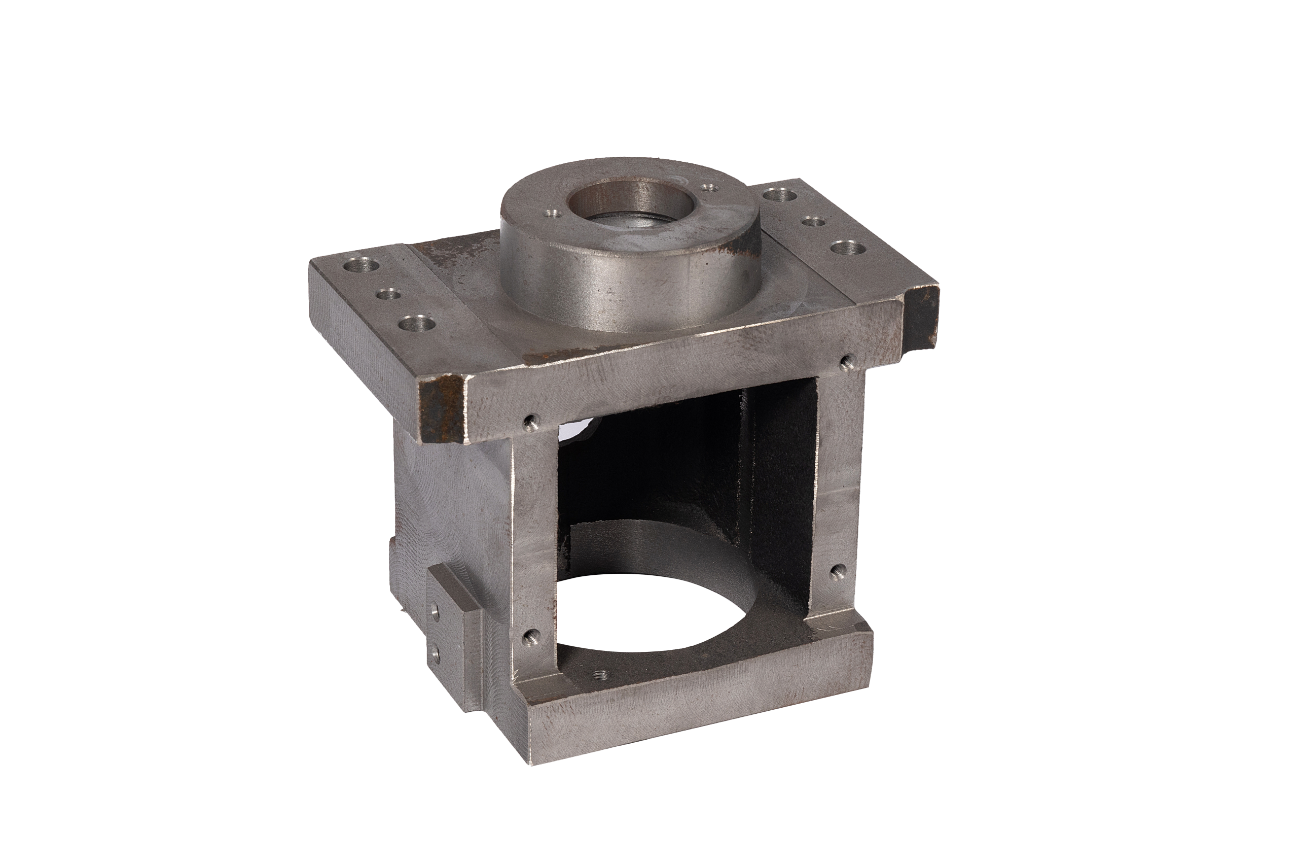 CNC machined steel bracket housing with precision bore seat