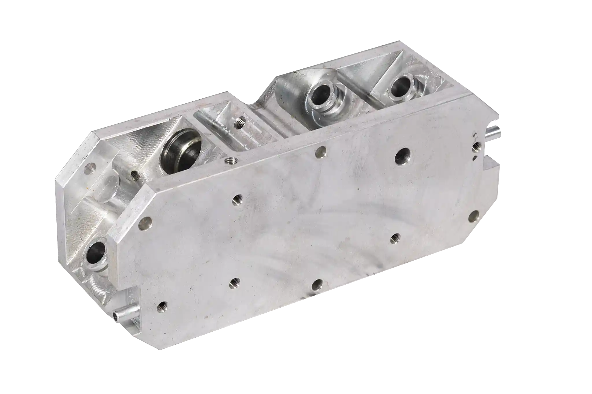 CNC milled aluminum manifold block with complex machined features
