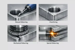 Four common deburring methods in CNC machining including manual deburring, chamfering, mechanical deburring, and special deburring