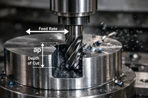 CNC milling diagram showing depth of cut (ap) and feed rate directions during end milling