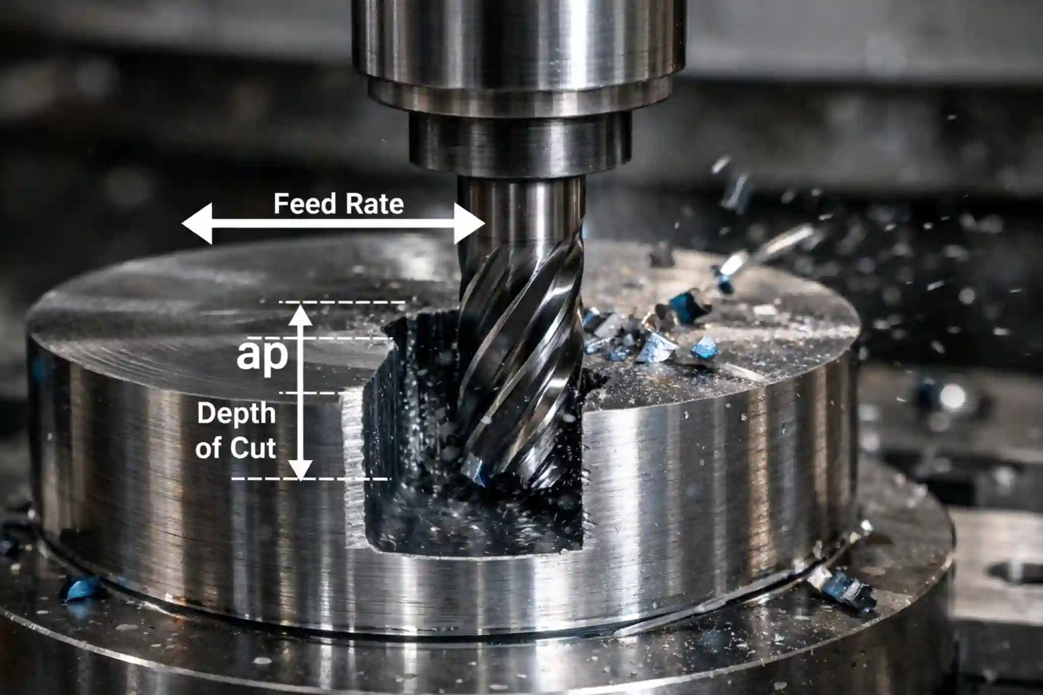 CNC milling diagram showing depth of cut (ap) and feed rate directions during end milling
