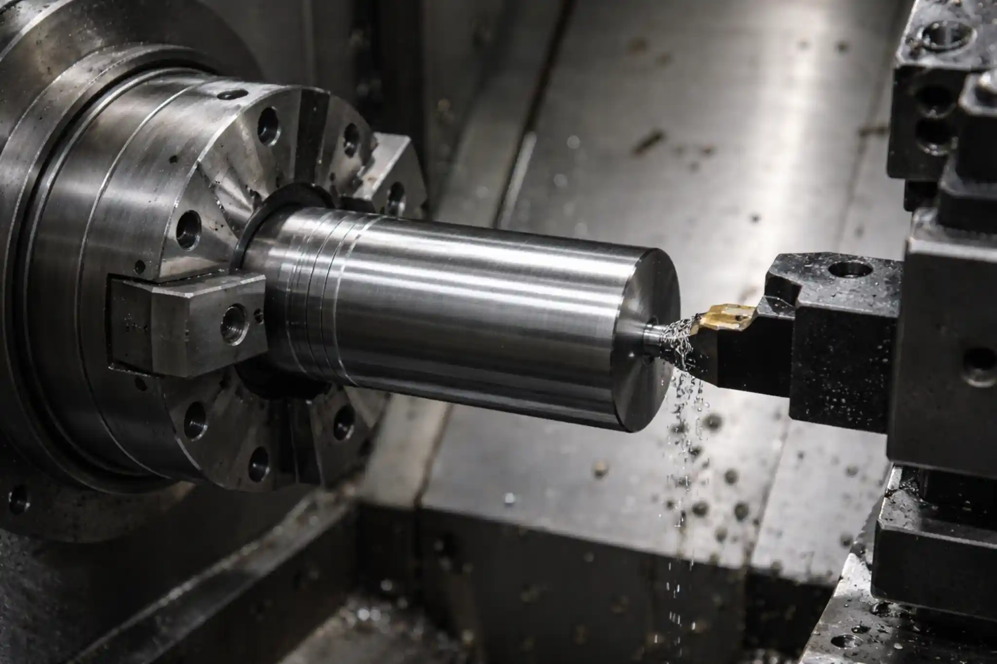 CNC turning of a cylindrical metal workpiece to illustrate SFM in machining