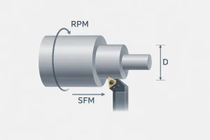Turning diagram showing the relationship between SFM, RPM, and workpiece diameter