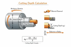 urning depth of cut (ap) formula showing initial diameter D1, final diameter D2, and ap = (D1 − D2) / 2