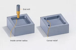CNC machining sharp internal corners showing an inside corner radius and a corner relief design