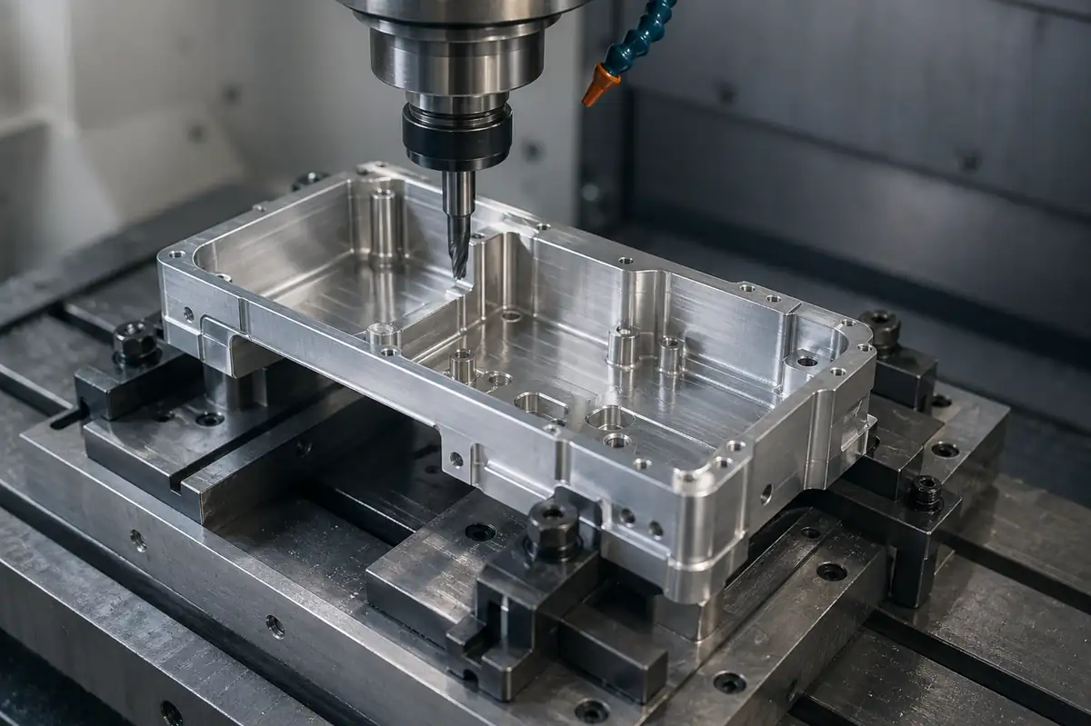 CNC machining of a thin-walled aluminum housing part with fixture support