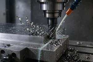 CNC milling tool cutting a metal workpiece with coolant and chips to illustrate material machinability