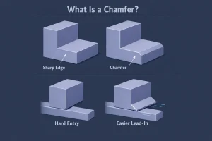3D engineering explanation diagram showing a chamfer as an angled edge cut