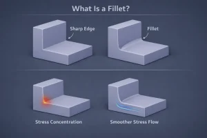 3D engineering explanation diagram showing a fillet as a rounded internal corner transition