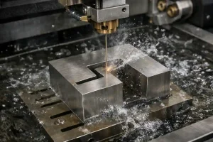 Wire EDM machining a sharp internal corner and narrow slot feature in a metal workpiece