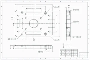 2D-CAD-Zeichnung einer CNC-gefrästen Flanschplatte mit Bohrungen und Schnittdarstellungen
