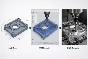 CAD CAM CNC workflow showing toolpath generation and machining process
