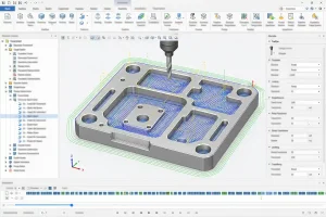 CAD/CAM-Software-Schnittstelle mit einem Modell einer bearbeiteten Platte mit CNC-Werkzeugwegen und Frässimulation