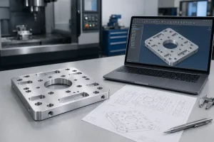 CAD-Dateien für die CNC-Bearbeitung, die eine bearbeitete Aluminiumplatte, ein 3D-CAD-Modell und eine technische Zeichnung zeigen