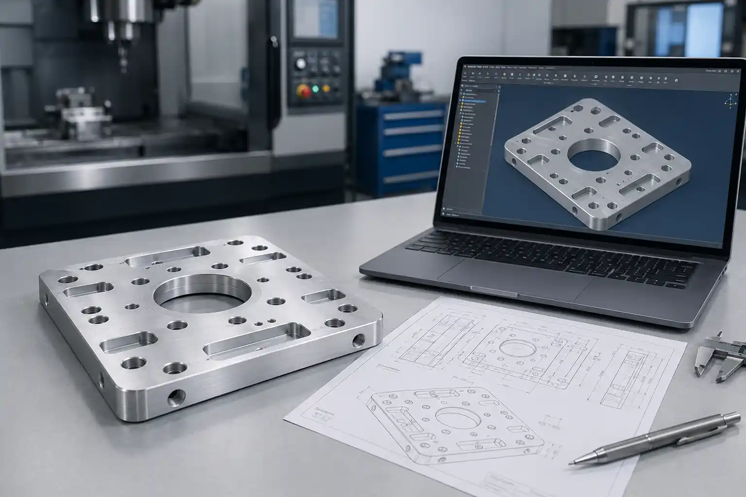 CAD files for CNC machining showing a machined aluminum plate, 3D CAD model, and engineering drawing
