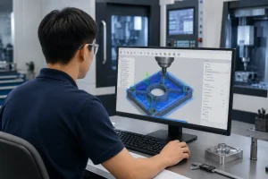 CAM engineer using software to generate CNC machining toolpaths