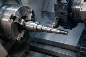 Proceso de torneado de ejes CNC que muestra el mecanizado de un eje metálico escalonado en un torno.