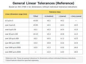 General linear tolerance chart based on ISO 2768-1 for CNC machining dimensions
