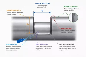 Groove machining key parameters showing cutting speed, feed rate, depth of cut, tool overhang, and coolant flow