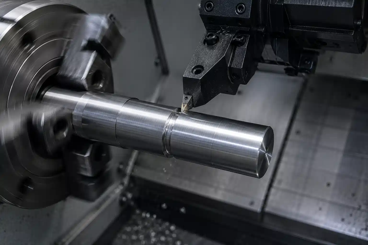 CNC grooving machining process showing a cutting tool forming an external groove on a metal shaft