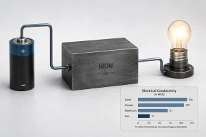 Iron conductivity diagram showing an iron block connected to a battery and glowing light bulb