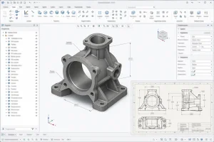 SolidWorks-ähnliche CAD-Schnittstelle mit einem mechanischen 3D-Teilemodell und einer technischen Zeichnung