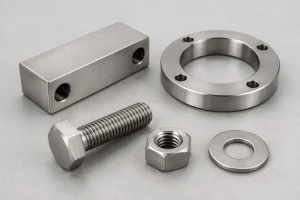 18-8 stainless steel parts including fastener, washer, flange, and connector block