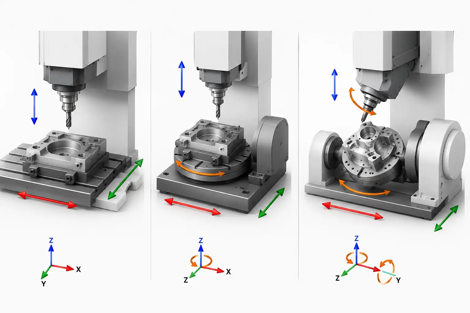 3-axis, 4-axis, and 5-axis CNC machining comparison with tool movement and rotary axis illustrations