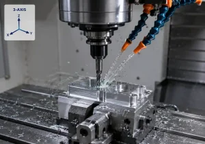 Close-up of a 3-axis CNC machining center milling an aluminum block with coolant spray