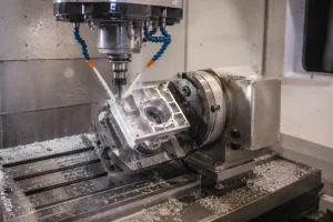 4 axis CNC machining process of an aluminum housing on a rotary fixture