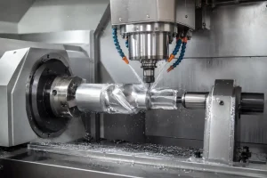 4-axis CNC machining process with a horizontal rotary setup and milling spindle cutting a metal workpiece
