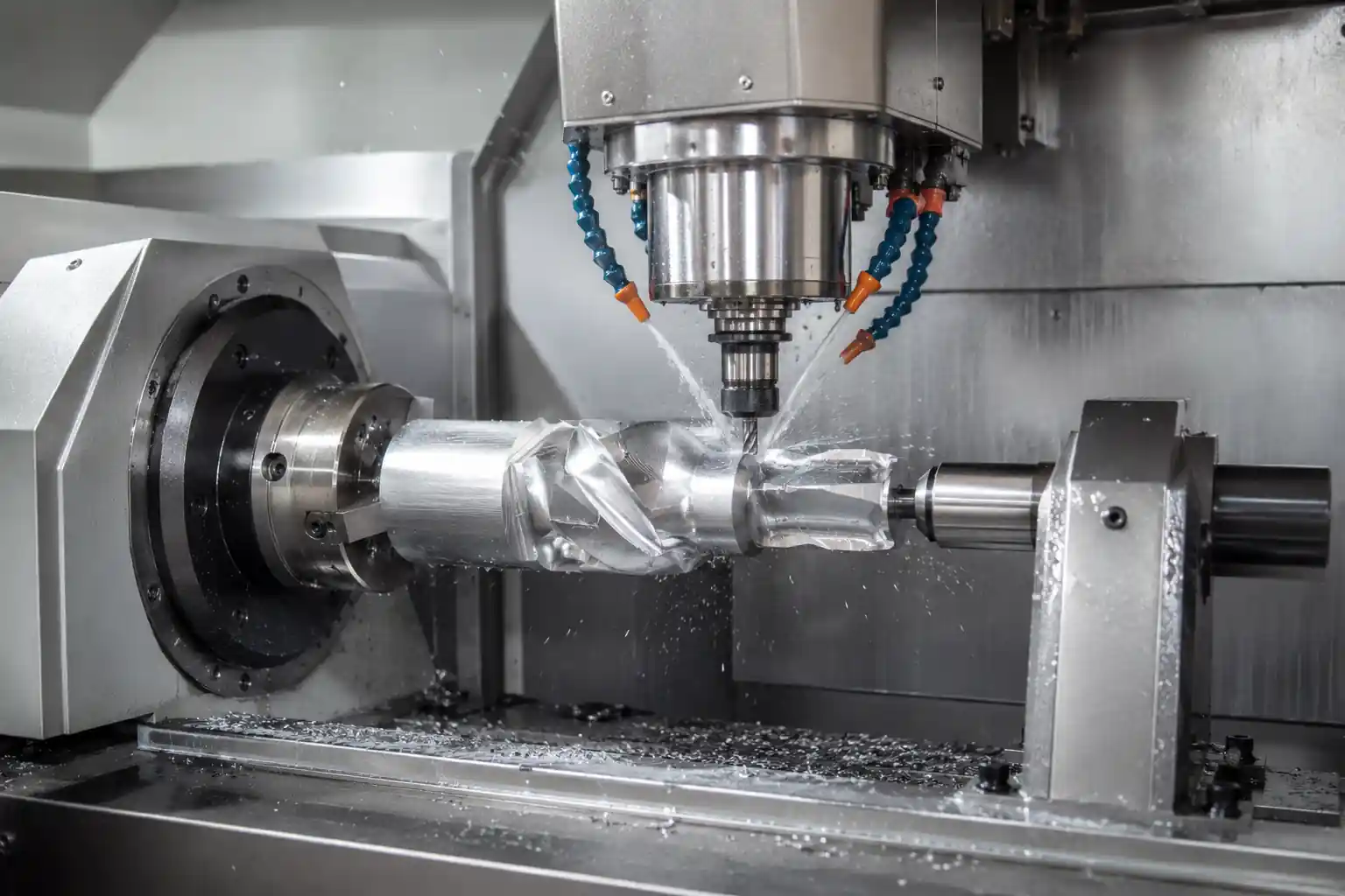 4-axis CNC machining process with a horizontal rotary setup and milling spindle cutting a metal workpiece