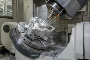 5-axis CNC machining operation on an aluminum housing with tilted spindle and rotary table