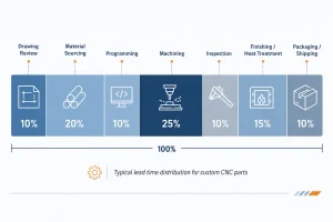 CNC machining lead time distribution chart showing drawing review material sourcing programming machining inspection finishing and shipping