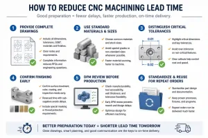 CNC machining lead time reduction checklist showing drawings materials tolerances finishing DFM review and repeat orders