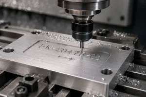 CNC text milling process on a machined metal part