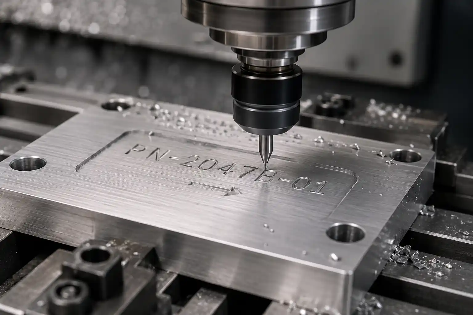 CNC text milling process on a machined metal part