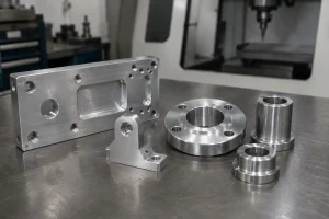 Custom CNC machined parts including aluminum plates brackets flanges and turned bushings