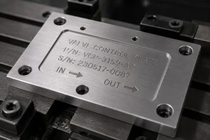 Milled text on a CNC machined metal part