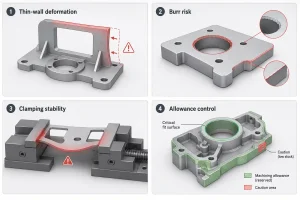 Soft machining challenges diagram showing thin-wall deformation burr risk clamping stability and allowance control