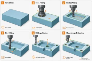 Soft machining milling process diagram showing face milling pocket milling slot milling drilling boring and deburring